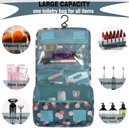 L&FY Hanging Travel Toiletry Bag Women's Cosmetic Organizer Makeup Case Pouch Men's Shaving Kits With Handle (Blue Flower) - color: Blue Flower, size: Compact Size