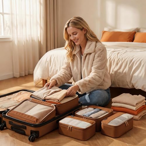 4 Piece Compression Packing Cubes for 3–7 Day Travel, Space Saving Travel Organizers with Breathable Mesh, Double-Zipper Packing Cubes for Carry-On & Suitcases (Brown) - color: Brown