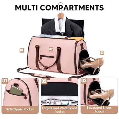 Vessgra Garment Bag for Airplane Travel,Weekender Travel Bag for Women, 2 in 1 Convertable Garment Duffle Bag with Shoes Compartment Carry on Bag Hanging Garment Bag Travel with Shoulder Strap,Pink - color: Pink