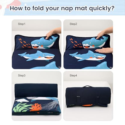 PHF Soft Toddler Nap Mat with Removable Pillow, Rollup Design Kids Sleeping Mat, Slumber Bags for Boys, 55"x23" Toddler Sleeping Bag for Daycare Preschool Travel Camping, Shark - color: Shark
