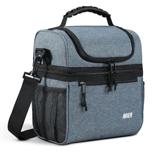 MIER Insulated Lunch Box Dual Compartment Lunch Bag Leakproof Cooler for Men Women Adult Work, Bluesteel, Medium (Upgraded Extra-Tall Bottom Layer) - color: Bluesteel, size: Medium