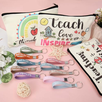 60pcs Teacher Appreciation Gifts Set，Teacher Survival Kit Canvas Makeup Bags for Women, Silicone Keychain Pouch Cosmetic Bag Travel Toiletry Bag for Thank You Gift - style: Teacher 60pcs