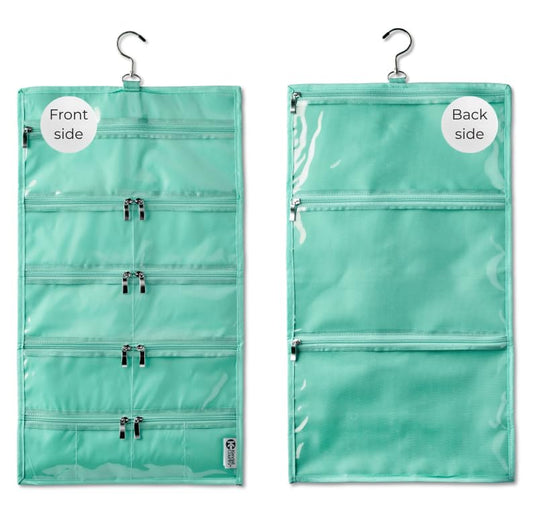 On-The-Go Organizer, 14 Clear Vinyl Pockets, Hanging Travel Case for Makeup and Accessories, 13.5 x 24 inches (Seafoam, Large) - color: Seafoam, size: Large