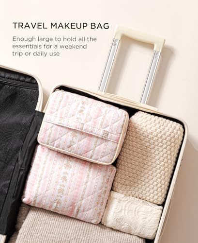 HBselect 2Pcs Travel Makeup Bag, Large Cotton Quilted Makeup Bag Cosmetic Bag Cute Make up Bag Toiletry Bags for Women Girls - color: 2PCS-Quilted Makeup Bag 3