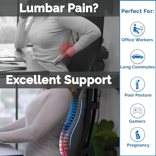 ComfiLife Lumbar Support Pillow for Office Chair – Premium Memory Foam Lumbar Pillow – Back Support for Office Chair, Car – Back Pain Relief, Improves Posture – 3 Adjustable Straps, Mesh + Leatherette