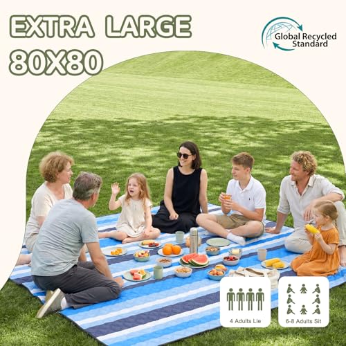 Genovega Waterproof Beach Blanket Picnic Outdoor Mat Rug Registry Wedding Search by Name Couple House Warming 2026 Housewarming Family Hostess Anniversary New Apartment Home Essential Must Have - color: Blue Black Stripe
