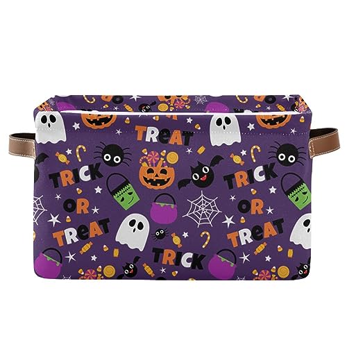 Happy Halloween Purple Storage Basket Fabric Kitchen Baskets Pumpkin Skull Ghost Bat Trick or Treat Open Home Storage Bins Boxes Foldable for Candy Toy Decorations Baskets 16×12×8 Inches - color: Purple, size: 1 Pack