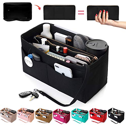 Purse Organizer Insert, Felt Tote Organizer Insert With Metal Zipper, Handbag Organizer For Speedy, Neverfull, Tote, Handbag, 7 Colors 5 Sizes - color: Black, size: Large Slender