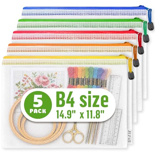 5 Pack Clear Project Bags with Zipper B4 (12x15in) - Craft Storage Bag for Needlepoint, Cross Stitch and Quilting - Heavy Duty Zip Project Bags for Organization 5 Colors: Red Yellow Green Blue Orange - size: 5 Pack B4