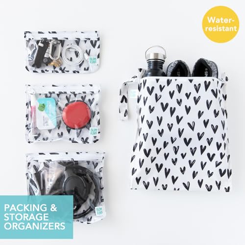 Bumkins - Waterproof Wet Bag & Clear Travel Bags - For Beach, Baby, Travel, Swim Suit, Cloth Diapers, Pump Parts, Pool, Gym, Toiletries - Reusable & Easy to Clean - Black Hearts - 4 Pack - color: A6 Black Hearts-4