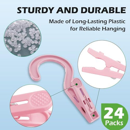 24pcs Laundry Hooks Clip Plastic Clothes Hangers Pins Super Strong Hanger Clips for Bathroom Travel Portable,Pink - color: Pink 24pcs