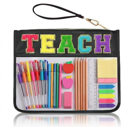 Chenille Letter Clear Zipper Pouch for Travel Preppy Patch Makeup Bag-Nylon Cosmetic Preppy Makeup Waterproof Organizer Bag Set for Women Valentines Bag (Black-Teach) - color: Black-Teach