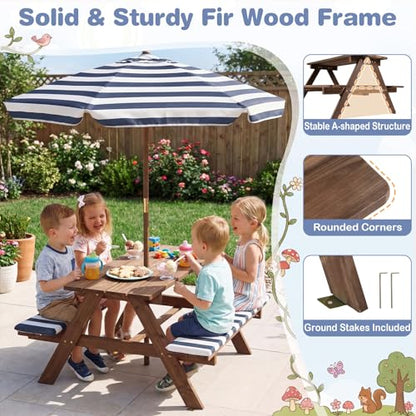 Costzon Kids Picnic Table, Wooden Toddler Outdoor Table & Bench Set with Removable Umbrella & Cushions, Stripe Fabric, Kids Outdoor Furniture for Patio Backyard Garden, Fits 4 Children Age 3+ (Navy)