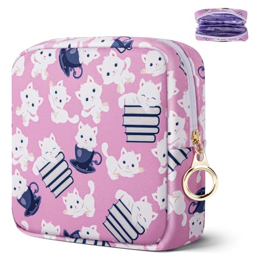 Likesing Tampon Holder for Purse, Canvas Period Bag Sanitary Napkin Storage Bag for Girls Womens, Portable Feminine Emergency Pad Period Pouch(Teacup White Cat) - color: Teacup White Cat-F207P