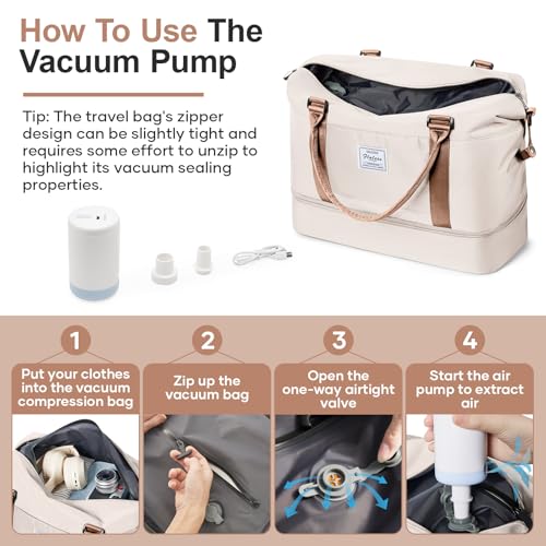 Overnight Weekender Bags for Women,Vacuum Travel Duffel Bag with Air Pump, Personal Item Travel Bag with Shoes Compartment & Compression Pocket,Beige & Brown - color: A-Beige & Brown with Air Pump, size: Large