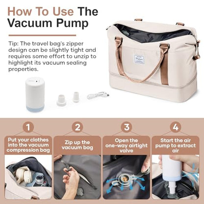 Overnight Weekender Bags for Women,Vacuum Travel Duffel Bag with Air Pump, Personal Item Travel Bag with Shoes Compartment & Compression Pocket,Beige & Brown - color: A-Beige & Brown with Air Pump, size: Large