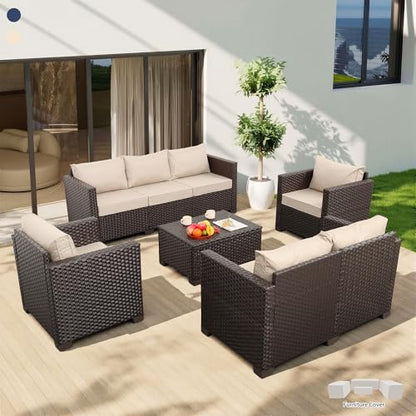Rattaner 5-Piece Outdoor Furniture Set Patio Furniture Set Outdoor Couch Coffee Table with Storage Non-Slip Cushions and Waterproof Covers, Khaki