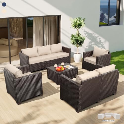 Rattaner 5-Piece Outdoor Furniture Set Patio Furniture Set Outdoor Couch Coffee Table with Storage Non-Slip Cushions and Waterproof Covers, Khaki