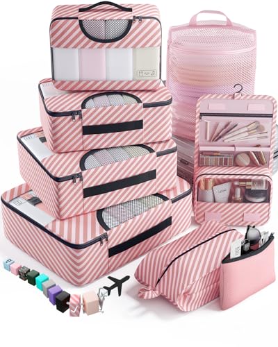 Veken 8 Set Packing Cubes for Travel Essentials, Suitcase Organizer Bags in 4 Sizes, Carry-On Luggage Accessories with Laundry Bag, Airplane Must Have, Gifts for Women Men - color: 09 Pink Straps