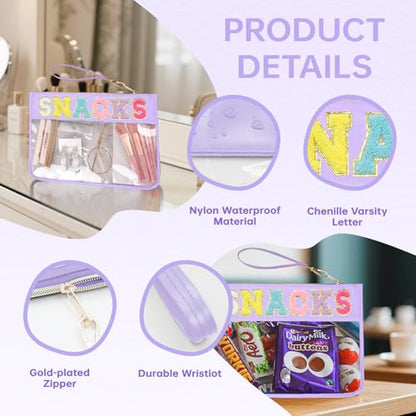 Chenille Letter Clear Zipper Pouch for Travel Preppy Patch Makeup Bag-Nylon Cosmetic Preppy Makeup Waterproof Organizer Bag Set for Women Valentines Bag (ZS-SNACK) - color: ZS-SNACK