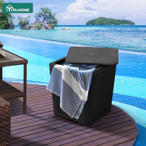 YITAHOME Outdoor Coffee Table with Extra Storage 11.5 Gallon Resin Rattan Side Table for Patio Decor,Cushions(Black) | Extra Storage