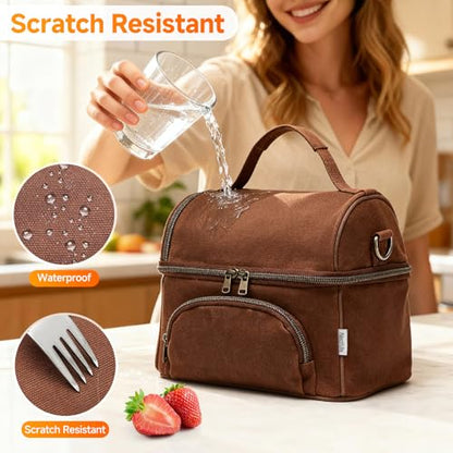 Waxed Canvas Lunch Bag with 2 XL Ice Packs, Canvas Lunch Box, Lunch Cooler for Men Work, 10.5L 2 Compartments Insulated Leakproof Cooler Bags for Camping, Beach and Road Trips - color: Rustic Brown