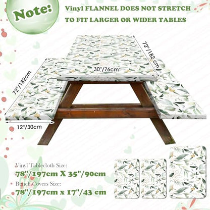 Boao 3 Pcs Vinyl Picnic Table Cover with Bench Cover 6 ft 30 x 72 Inch Waterproof Fitted Tablecloth Flannel Backing Rectangular Elastic Edged for Camping Outdoor Patio Travel(Eucalyptus) - color: Eucalyptus