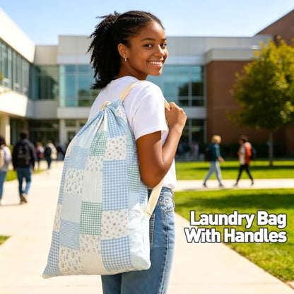 Laundry Bag, Dirty Backpack Laundry Bag For College Travel Laundromat Apartment, With Handles 29" X 18" (Blue Floral Plaid) - color: Blue Floral Plaid