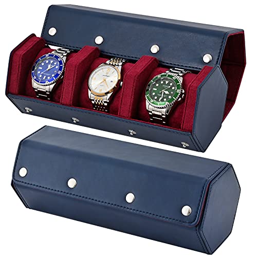ROSELLE Luxury Leather Watch Roll Travel Case for Men and Women,Travel Watch Case Holds 3 Watches Storage & Display,Designed for steel watch bands &leather metal rubber and bracelets - color: Dark Blue/Red-3