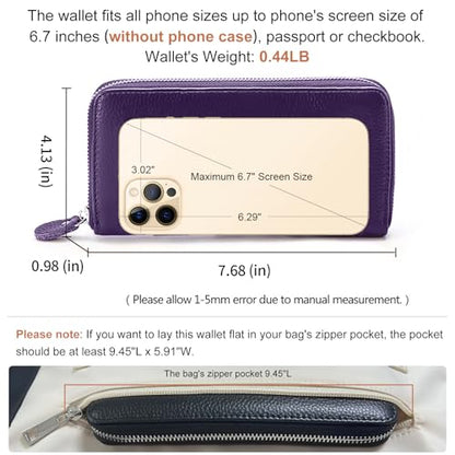 Moflycom Womens Wallet RFID Blocking Genuine Leather Zip Around Wallet Clutch Wristlet Travel Long Purse for Women - color: Deep Purple
