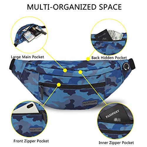 MAXTOP Large Crossbody Fanny Pack with 4-Zipper Pockets,Gifts for Enjoy Sports Festival Workout Traveling Running Casual Hands-Free Wallets Waist Pack Phone Bag Carrying All Phones - color: Camo Blue, style: Large Fanny Pack(4 Zipper Pockets)