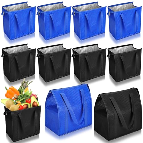 10 Pack Large Insulated Grocery Bags Reusable Shopping Bags with Zippered Top 13 x 12 x 7 Inch Thermal Cooler Totes Bulk with Handles for Hot Cold Food Delivery Refrigerator (Blue and Black) - color: Blue and Black