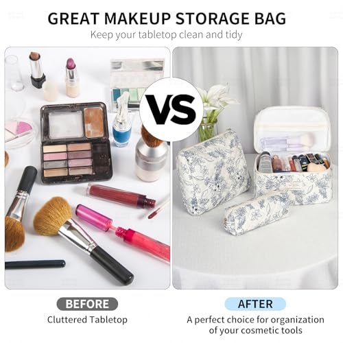 senbowe Floral Makeup Bag, 3 Pack Large Cotton Quilted Makeup Bag Set, Cute Floral Coquette Aesthetic Toiletry Bag Make Up Cosmetic Bag for Women, Toiletry Travel Make Up Organizer Bag - color: Dark Blue Flower