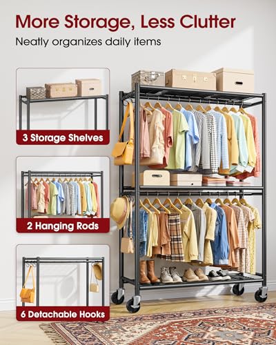 Sakugi Clothes Rack - Double Hanging Rod Clothing Rack with Wheels & Leveling Feet, Large Capacity Wardrobe Closet with Shelves for Bedroom, Laundry Room, Entryway, 45.2" x 12.6" x 80.7", Black - color: Black, size: XX-Large