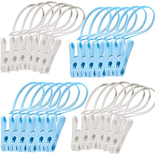 Foshine 24 Pack ClothesPins with Plastic Rope, Clothesline Drying Clothing Clips for Photo Craft Painting Display, 12Pcs Blue 12Pcs White - color: Blue,white-24pack