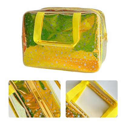Holographic Yellow Clear Star Large Cosmetic Bag and TPU Travel Pouch with Handle,Durable Material,Zipper Design-Ideal for Makeup,Travel Essentials (Yellow) - color: Yellow