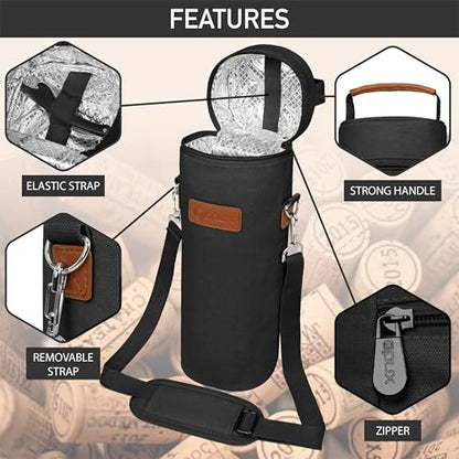 opux Wine Bag Single Bottle Carrier Tote, Insulated Wine Cooler Bag for Travel Picnic Beach with Shoulder Strap, Thermal One Bottle Holder Carrying Case Wine Gift for Women Men, Black - color: Black