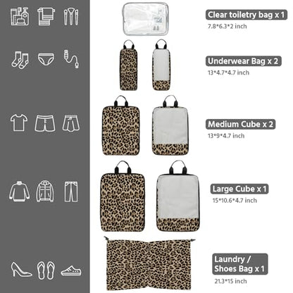 7 Pcs Compression Packing Cubes for Travel, Waterproof Suitcase Luggage Backpack Organizer with Toiletry Bag Travel Essentials for Women/Men-Leopard - color: Brown-Leopard