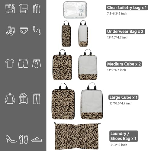 7 Pcs Compression Packing Cubes for Travel, Waterproof Suitcase Luggage Backpack Organizer with Toiletry Bag Travel Essentials for Women/Men-Leopard - color: Brown-Leopard