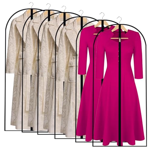 All Clear Garment Bags for Hanging Clothes, 55" (Set of 6) Dress Bags for Gowns Long, Plastic Dustproof Dress Garment Bag, Long Dress Bag with Zipper for gown, winter long coats, dance costume - color: Black-All Clear, size: 24''X55''-6P