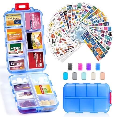 14 Grids Travel Pill Organizer Box with 415-Pcs Medicine Name Labels - Pocket Daily Pharmacy Case Container Kit - Travel Medication Holder Dispenser for Fish Oil Vitamin Supplement Storage -Clear Blue - color: Clear-blue, size: with Bulk Med Labels