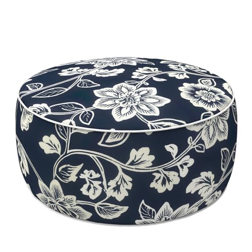 LVTXIII Indoor/Outdoor Inflatable Ottoman with Handle D21 x H9 Inch, Weather-Resistant Round Footstool Pouf for Patio Camping Living Room, Portable Footrest Extra Seating, Elegant Vines Navy - color: Elegant Vines Navy, size: 21"D x 21"W x 9"H