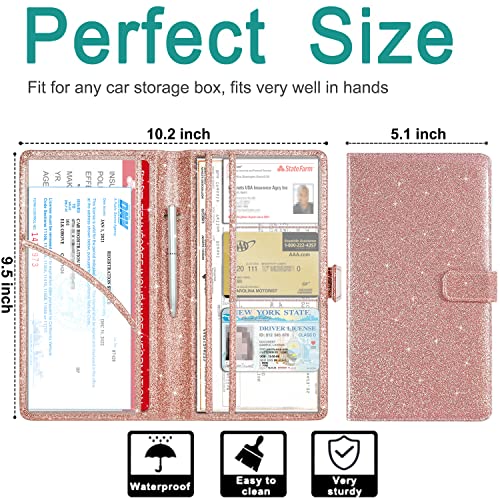 RSAquar Car Registration & Insurance Holder, Vehicle Glove Box Organizer, Cool Accessories for ID, Driver License Cards & Essential Documents, Glitter Rose Gold - color: Glitter Rose Gold