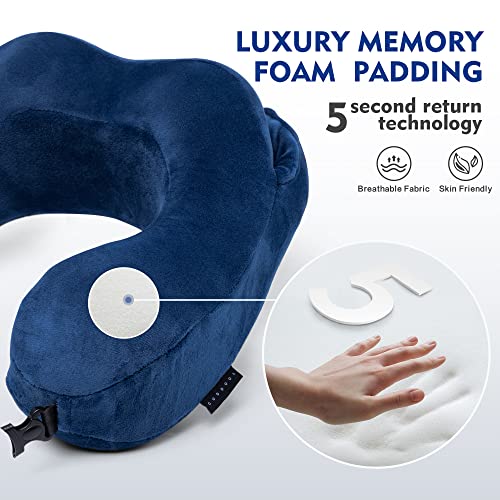 Neck Pillow with Hood - Memory Foam Neck Pillow Head Chin Support, Airplane, Car, Office & Home Sleep Rest Travel Pillows with Hood (Navy Blue, M)