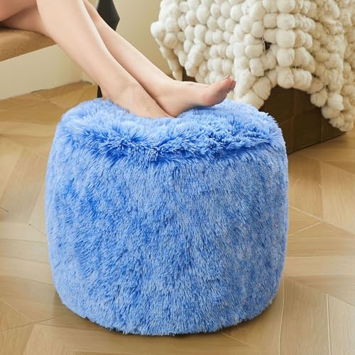 XeGe Fluffy Faux Fur Inflatable Pouf Ottoman, Soft Shaggy Fuzzy Foot Stool, Plush Furry Foot Rest Floor Pouf Anti-Slip, Foldable Round Ottoman Cushion Living Room Bedroom Home Decor, Ombre Blue - color: Ombre Blue, size: 20"x20"x16"