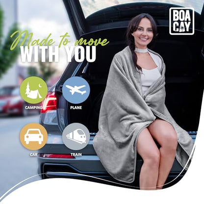 BOACAY Soft & Warm Travel Blanket for Airplane & Car - Long Flight Essential for Women, Men, Kids - Compact Pillow with Luggage Sleeve & Backpack Clip - color: Gray