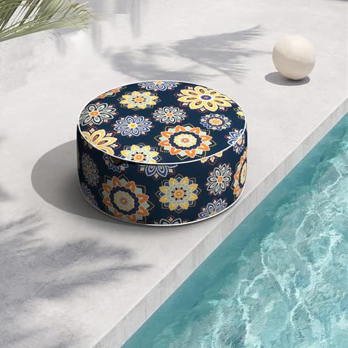 Indoor/Outdoor Inflatable Ottoman with Handle, Decorative Fade-Resistant Round Footstool D21 x H9 inch, Portable Ottoman Pouf for Patio Garden Camping, Bloom Medallion Cobalt - color: Bloom Medallion Cobalt, size: 21"D x 21"W x 9"H
