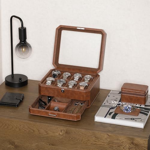 ROTHWELL 8 Slot Leather Watch Box with Valet Drawer - Luxury Case Display Jewelry Organizer, Locking Display Case Holder, Real Glass Top - Watch Box Organizer for Men & Women (Tan/Brown) - color: 8 Slot - Tan/Brown