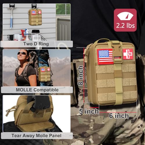 [Upgrade] Survival First Aid Kit Outdoor Molle System with Tactical Gear Set Trauma Kit for Camper Travel Hunting Hiking and Adventures - color: Tan