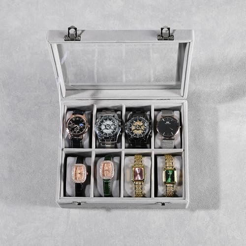 Frebeauty 8-Slot Watch Box,Velvet Watch Case with Glass Lid,Watch Organizer Box for Men and Women,Lockable Watch Storage,Watch Display Case,Ideal Gift(Grey) - color: Grey, size: 8 Slots